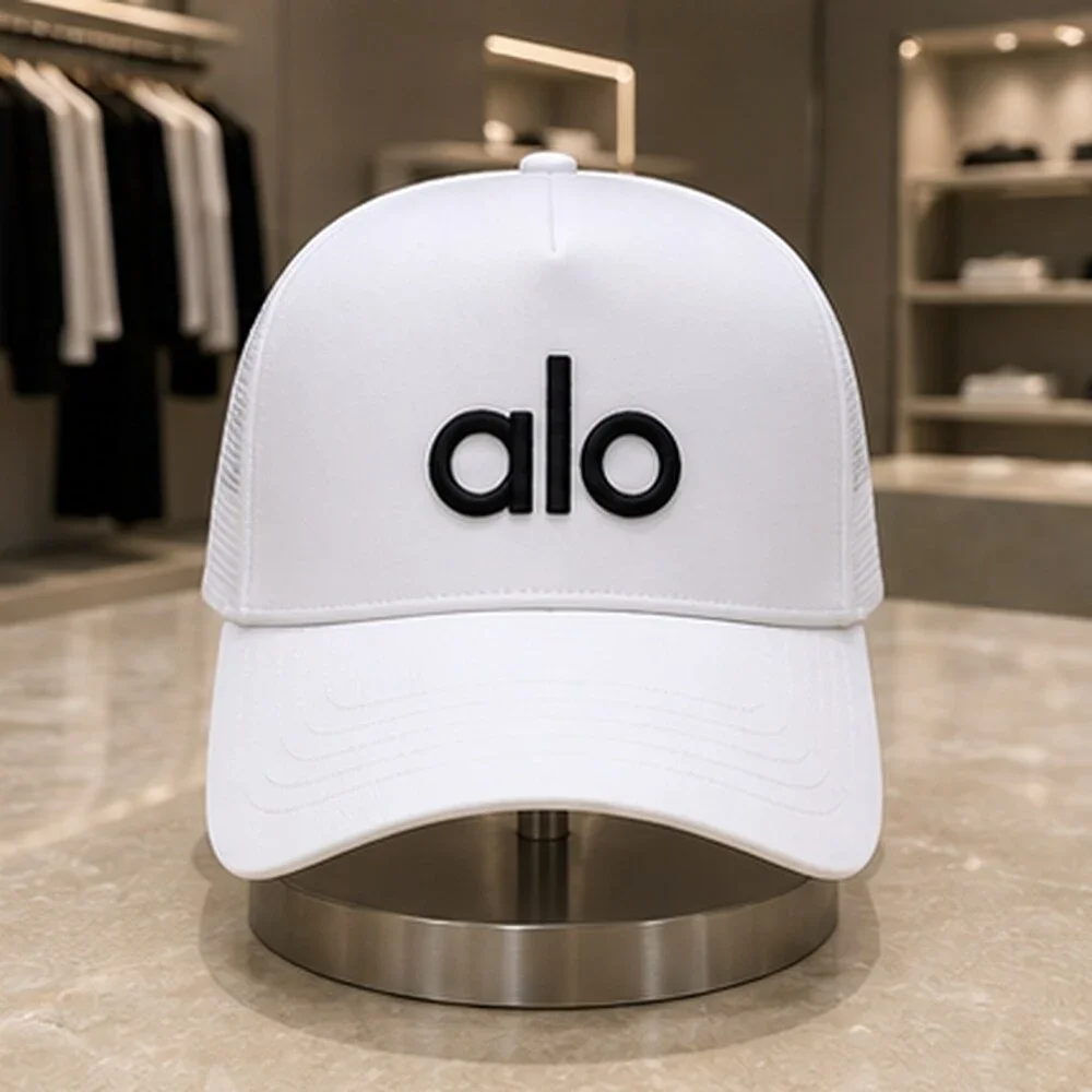 ALO Yoga White Black Summer Mesh Trucker Cap Hat Sporty